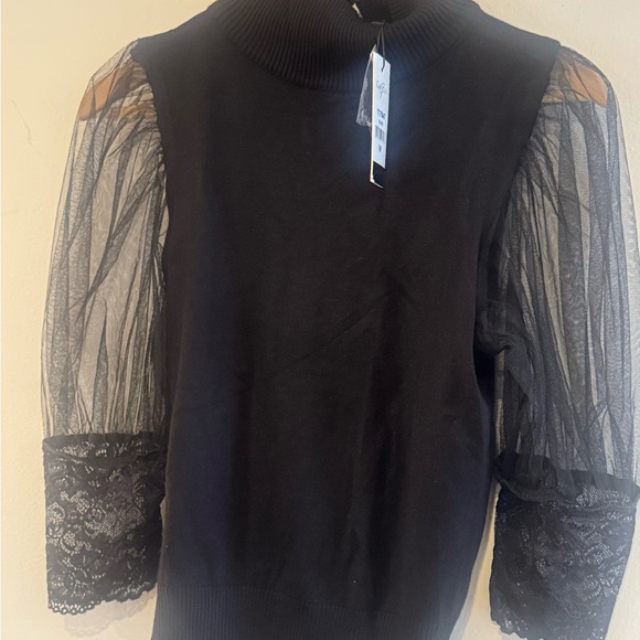 NWT Gracia Black Mock Neck Top Sheer Mesh Puff Sleeve Lace Cuff M - Picture 5 of 7